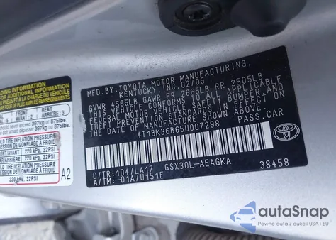 2005 Toyota Avalon Xls z USA, uszkodzony, nr VIN 4T1BK36B65U007298